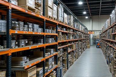Warehouse shelves with spare parts